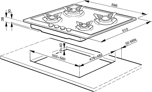 Technical image of Smeg Gas Hobs Evolution Mirror 4 Burner Gas Hob. 600mm.