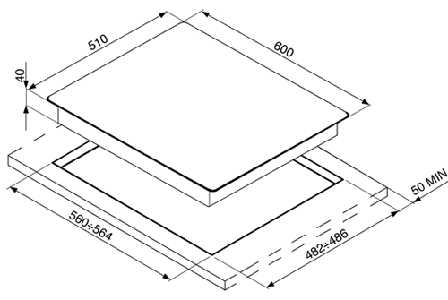 Technical image of Smeg Gas Hobs Linea 4 Burner Gas Hob. 60cm (Silver Glass).