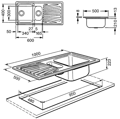 Technical image of Smeg Sinks 1.5 Bowl Stainless Steel Inset Kitchen Sink With Left Hand Drainer.