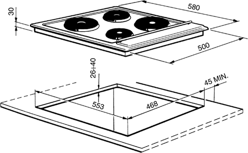 Technical image of Smeg Electric Hobs Cucina 4 Plate Stainless Steel Electric Hob. 580mm.