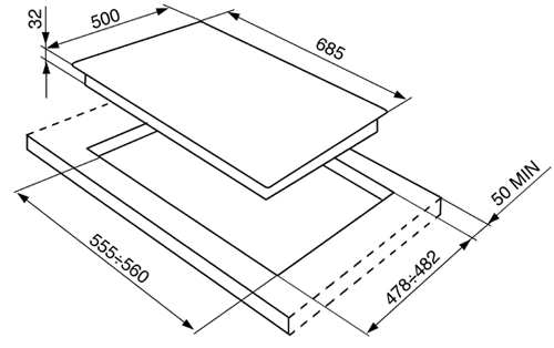 Technical image of Smeg Gas Hobs Classic 5 Burner Gas Hob. 70cm (Stainless Steel).