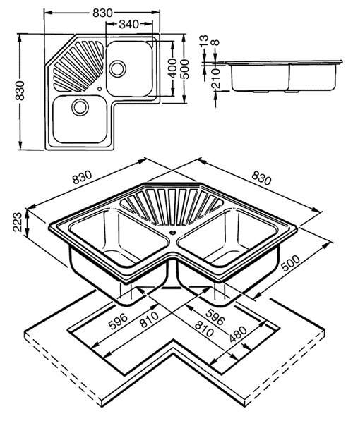 Technical image of Smeg Sinks Alba 2.0 Bowl Corner Sink With Centre Drainer (Stainless Steel).