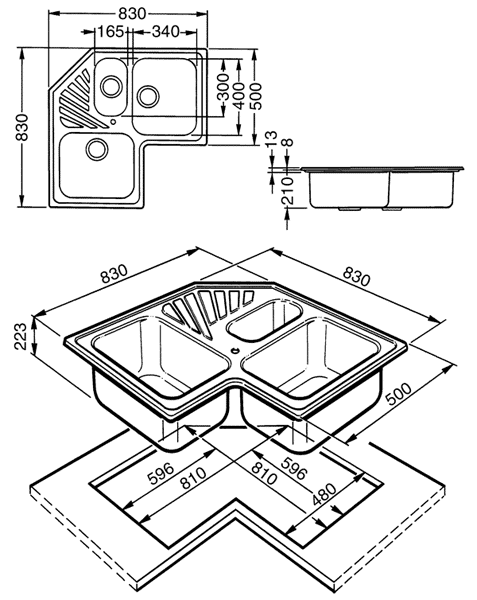 Technical image of Smeg Sinks Alba 2.5 Bowl Corner Sink With Centre Drainer (Stainless Steel).