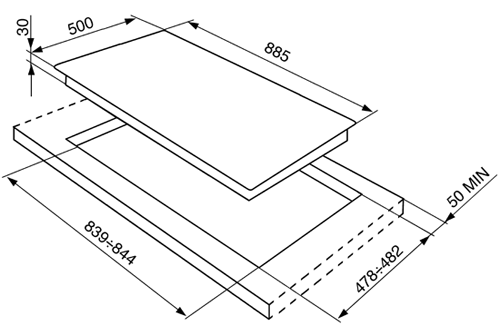 Technical image of Smeg Gas Hobs Cucina 5 burner Gas Hob (Stainless Steel). Size 90cm.