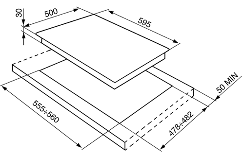 Technical image of Smeg Gas Hobs Cucina 4 burner Gas Hob (Stainless Steel). Size 60cm.