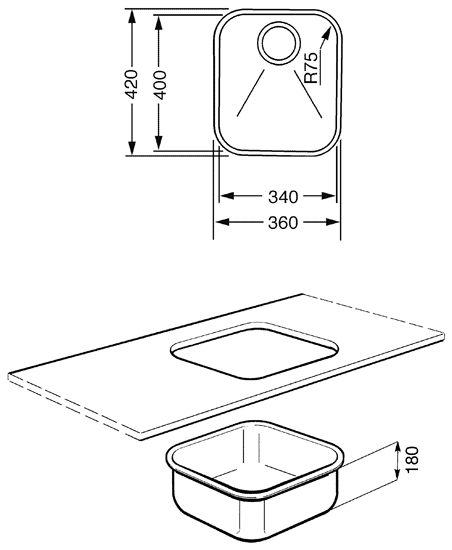 Technical image of Smeg Sinks Alba Undermount Kitchen Sink 340x400mm (S Steel).