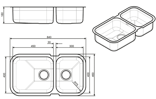 Technical image of Smeg Sinks 2.0 Bowl Stainless Steel Undermount Kitchen Sink.