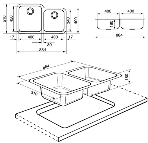 Technical image of Smeg Sinks Alba 2.0 Bowl Undermount Kitchen Sink (Stainless Steel).