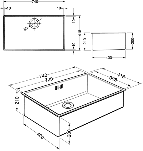 Technical image of Smeg Sinks 1.0 Bowl Stainless Steel Undermount Kitchen Sink.  720x400mm.