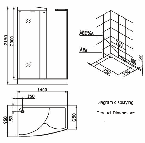 Technical image of Hydra Complete Walk In Shower Enclosure Set. 1400x950mm (Right Hand).