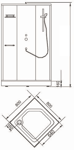 Technical image of Hydra Square Shower Pod With FM Radio, Valve & Shower Heads. 800x800.