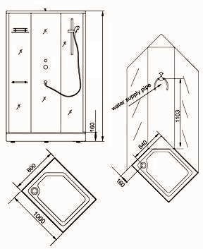 Technical image of Hydra Rectangular Shower Pod, Radio, Valve & Shower Heads. 1000x800.