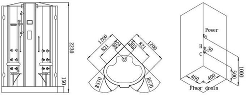 Technical image of Hydra Quadrant Steam Shower Enclosure With Twin Controls. 1200x1200.