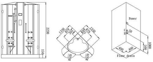 Technical image of Hydra Corner Steam Shower Enclosure With Twin Controls. 1350x1350.