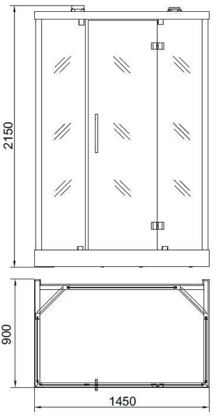 Technical image of Hydra Rectangular Steam Shower Cubicle (Bamboo). 1450x900mm.