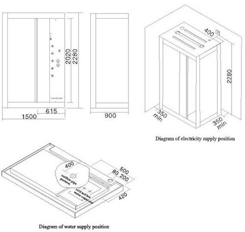 Technical image of Hydra Rectangular Steam Shower Enclosure With Mirror Ceiling. 1500x900.