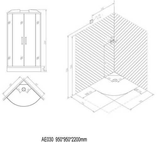 Technical image of Hydra Quadrant Steam Shower Enclosure With LED Lighting. 950x950mm.