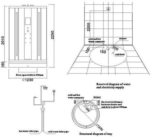 Technical image of Hydra Round Steam Shower Enclosure With TV & LED Lights. 1230x2180.