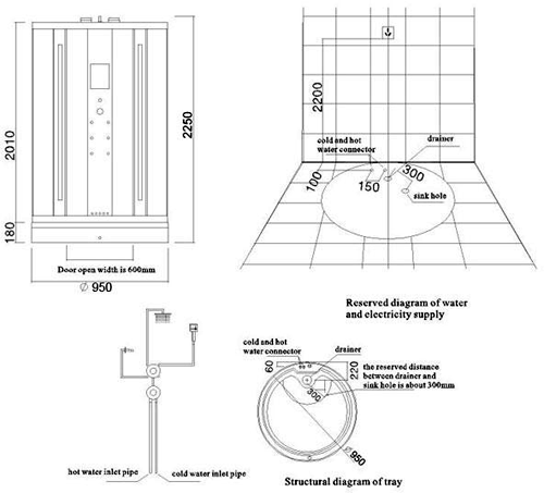 Technical image of Hydra Round Steam Shower Enclosure With TV & LED Lights. 950x2250.
