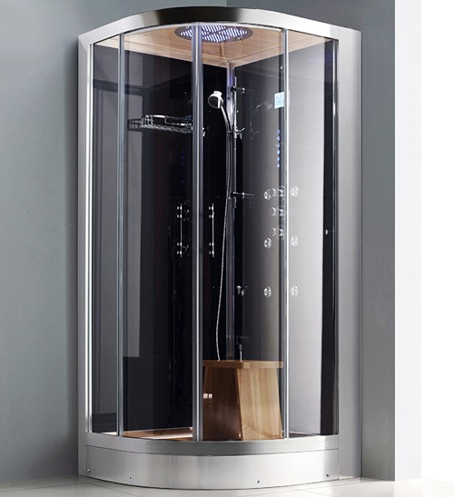 Larger image of Hydra Steam Shower Enclosure (Black, Teak, Right Handed). 1000x900.