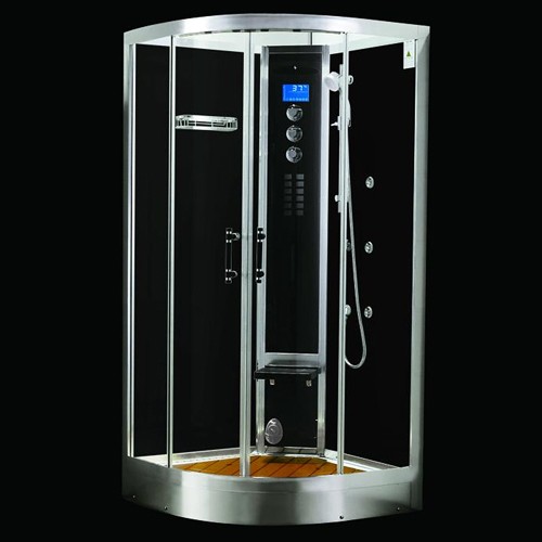 Larger image of Hydra Quadrant Steam Shower Enclosure (Black, Oak). 1000x1000mm.