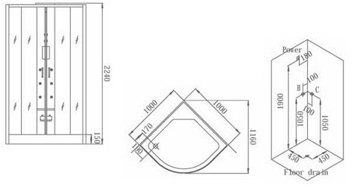 Technical image of Hydra Quadrant Steam Shower Enclosure (Black, Oak). 1000x1000mm.