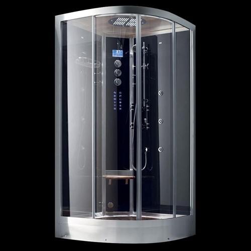 Larger image of Hydra Quadrant Steam Shower Enclosure (Black, Teak). 1000x1000mm.