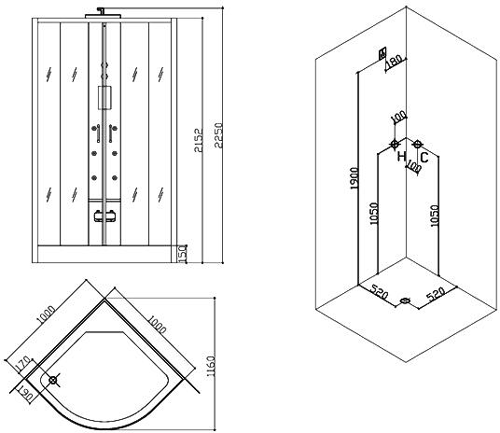 Technical image of Hydra Quadrant Steam Shower Enclosure (Black, Teak). 1000x1000mm.