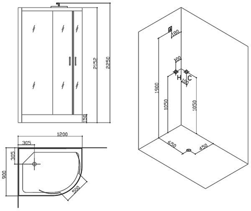 Technical image of Hydra Steam Shower Enclosure (Black, Oak, Left Handed). 1200x900mm.