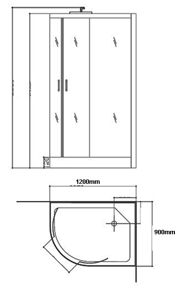 Technical image of Hydra Steam Shower Enclosure (Black, Oak, Right Handed). 1200x900mm.