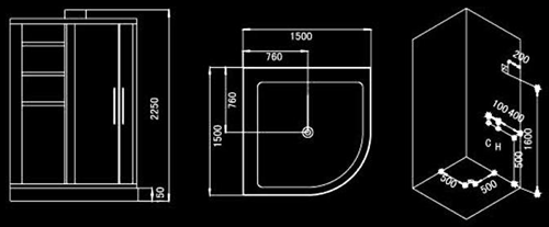 Technical image of Hydra Corner Steam Shower Enclosure (Oak Trim). 1500x1500mm.