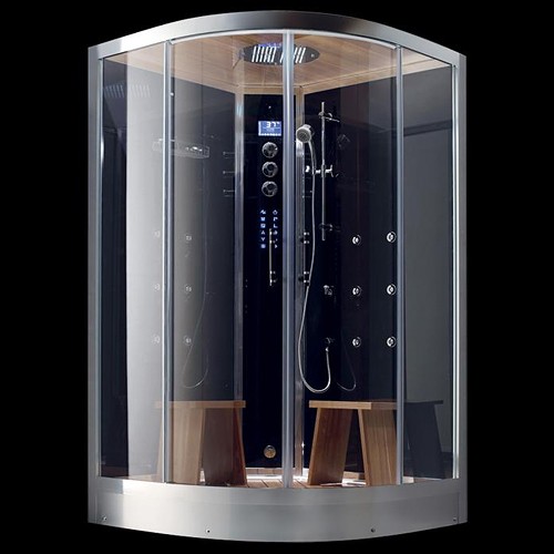 Larger image of Hydra Quadrant Steam Shower Enclosure (Black, Teak). 1200x1200mm.