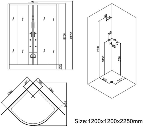 Technical image of Hydra Quadrant Steam Shower Enclosure (Black, Teak). 1200x1200mm.