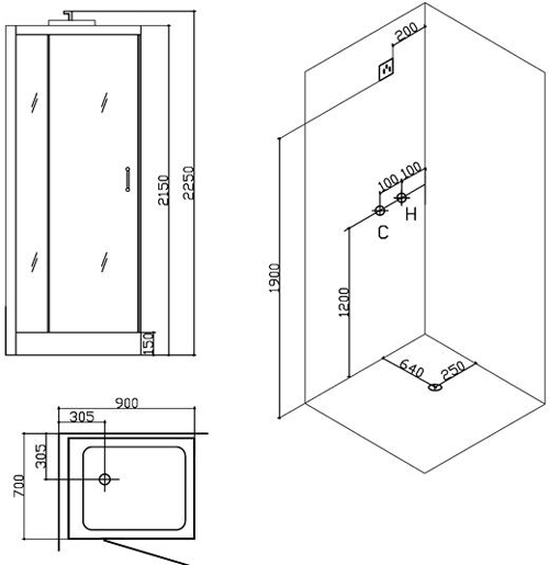 Technical image of Hydra Steam Shower Enclosure (Black, Oak, Left Handed). 900x700mm.