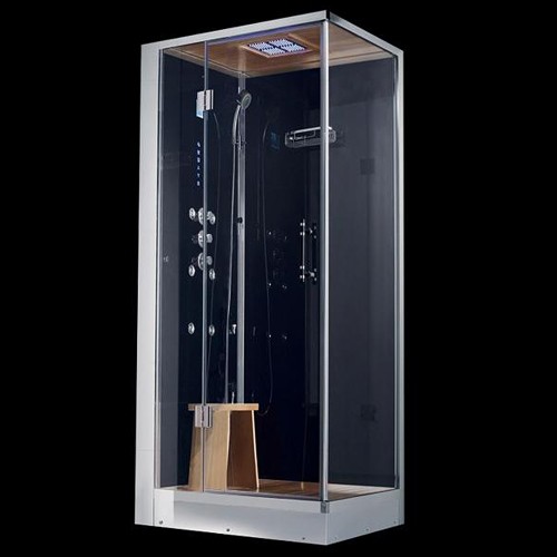 Larger image of Hydra Steam Shower Enclosure (Black, Teak, Left Handed). 900x700mm.