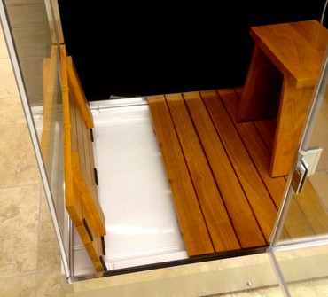 Example image of Hydra Steam Shower Enclosure (Black, Teak, Left Handed). 900x700mm.