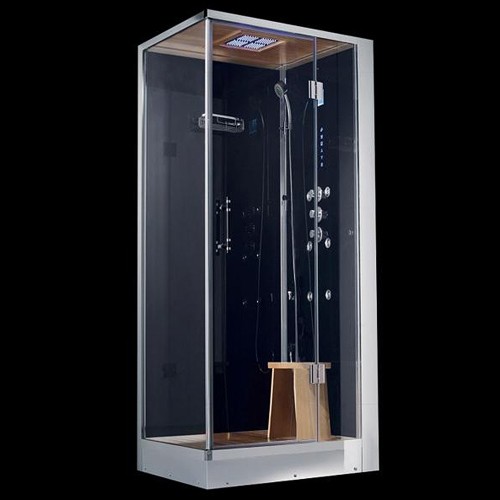 Larger image of Hydra Steam Shower Enclosure (Black, Teak, Right Handed). 900x700mm.