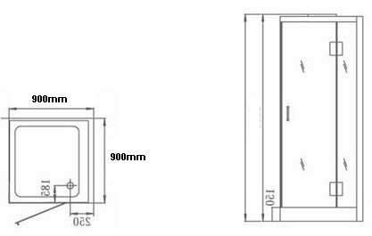 Technical image of Hydra Square Steam Shower Enclosure (Black, Oak, Right Hand). 900x900.