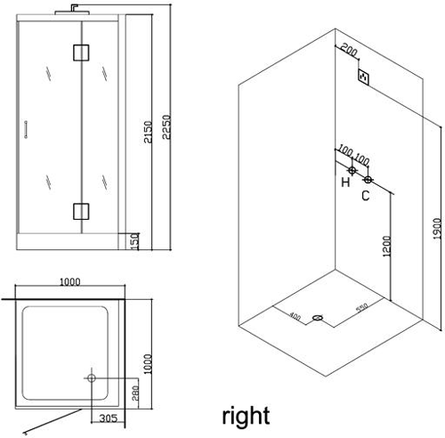 Technical image of Hydra Square Steam Shower Enclosure (Oak, Right Handed). 1000x1000.