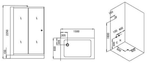 Technical image of Hydra Rectangular Steam Shower Enclosure (Teak, Left Handed). 1500x900.