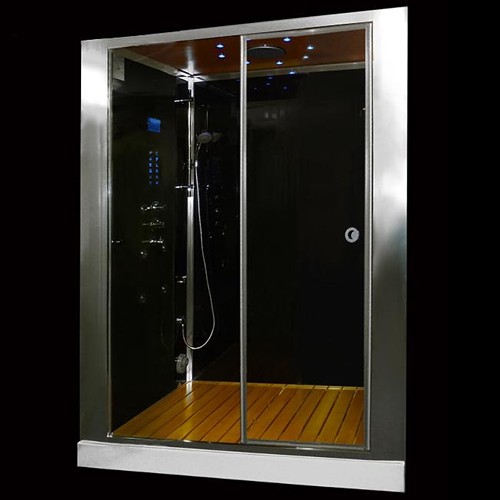Larger image of Hydra Inset Steam Shower Enclosure (Oak, Sliding Door). 1500x1030.