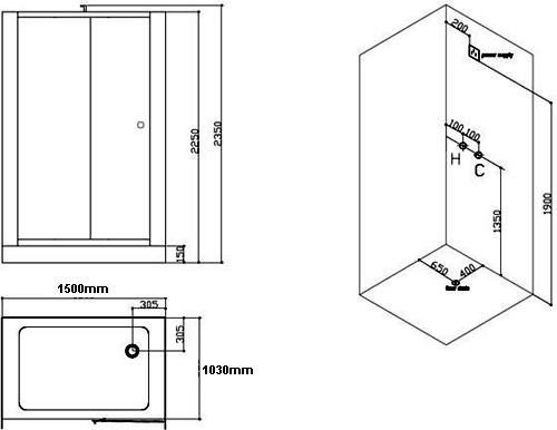 Technical image of Hydra Inset Steam Shower Enclosure (Oak, Sliding Door). 1500x1030.