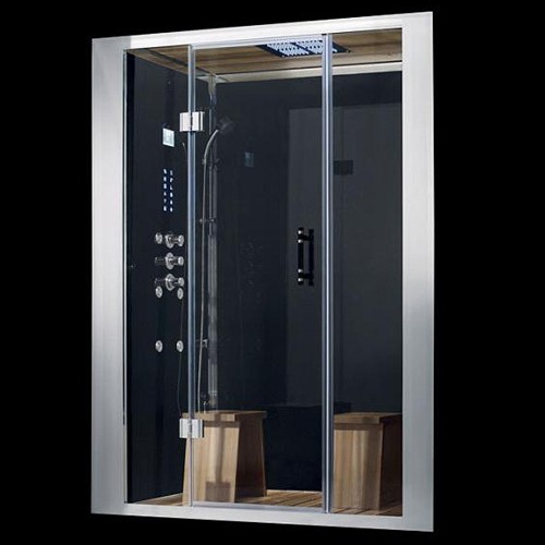 Larger image of Hydra Inset Steam Shower Enclosure (Teak, Hinged Door). 1500x830.