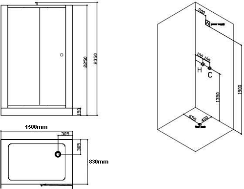 Technical image of Hydra Inset Steam Shower Enclosure (Teak, Hinged Door). 1500x830.