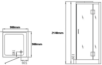 Technical image of Hydra Steam Shower Enclosure For Wetrooms (Oak, Right Hand). 900x900.