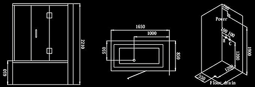 Technical image of Hydra Steam Shower Bath With Enclosure & Jets (Left Handed). 1650x850.