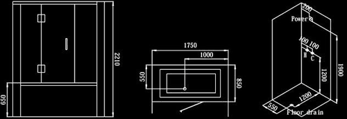 Technical image of Hydra Inset Steam Shower Bath With Enclosure. 1750x850.