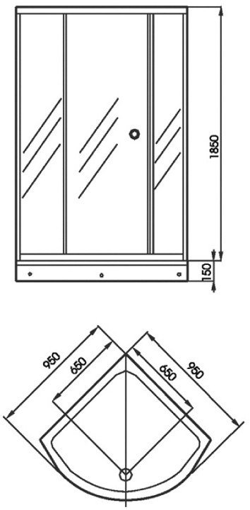 Technical image of Hydra Pro 950x950 Quadrant shower enclosure with shower tray.