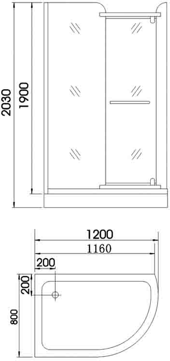 Technical image of Hydra Pro 1200x800 Left hand offset quadrant enclosure with shower tray.