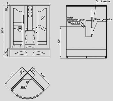 Technical image of Hydra Pro 1000x1000 Steam massage shower enclosure.